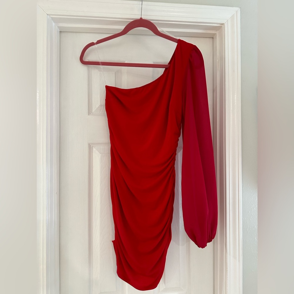 small one sleeve mini red dress